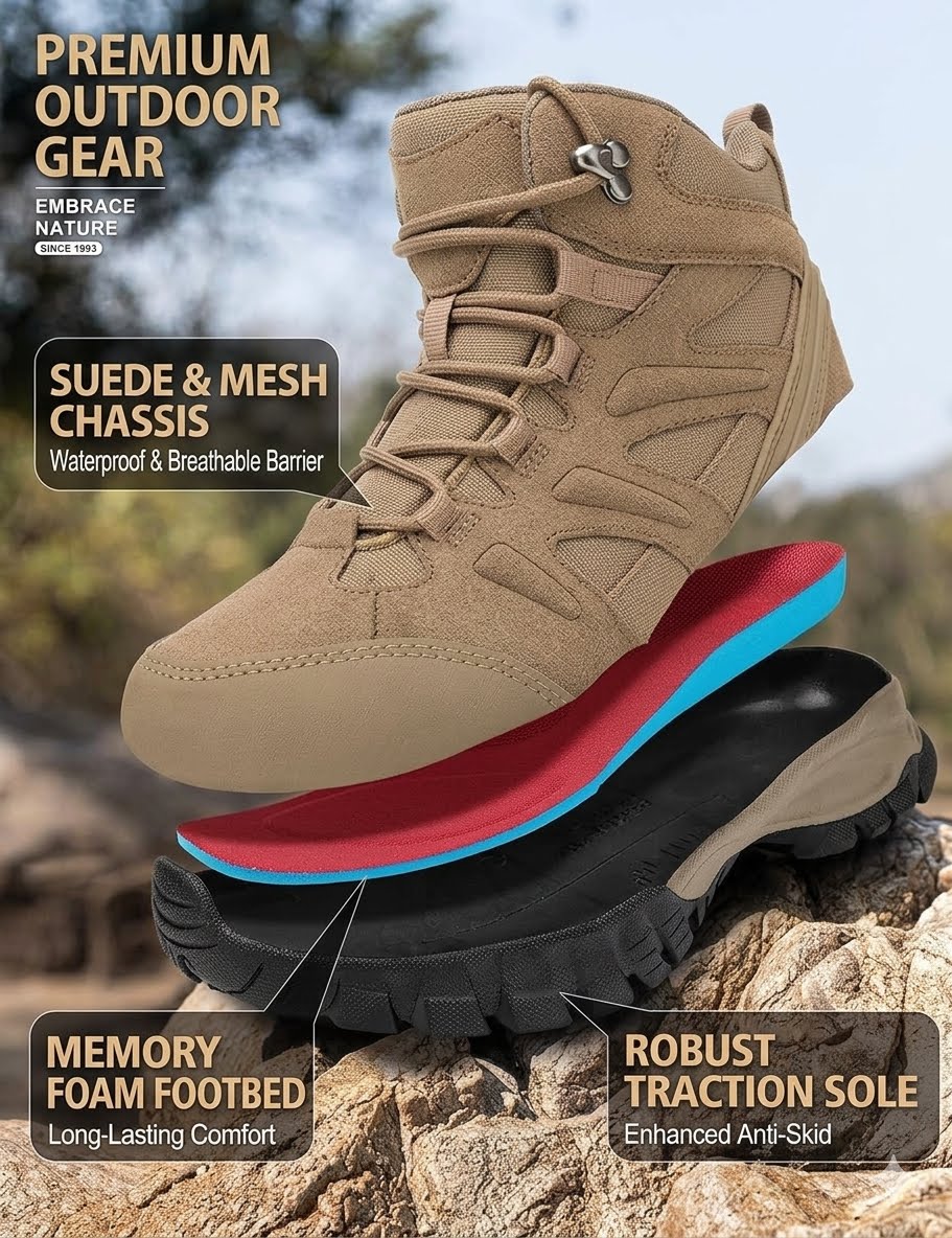A tan outdoor hiking boot shown on rocks with overlaid marketing text highlighting suede and mesh construction, memory foam footbed, and robust traction sole.