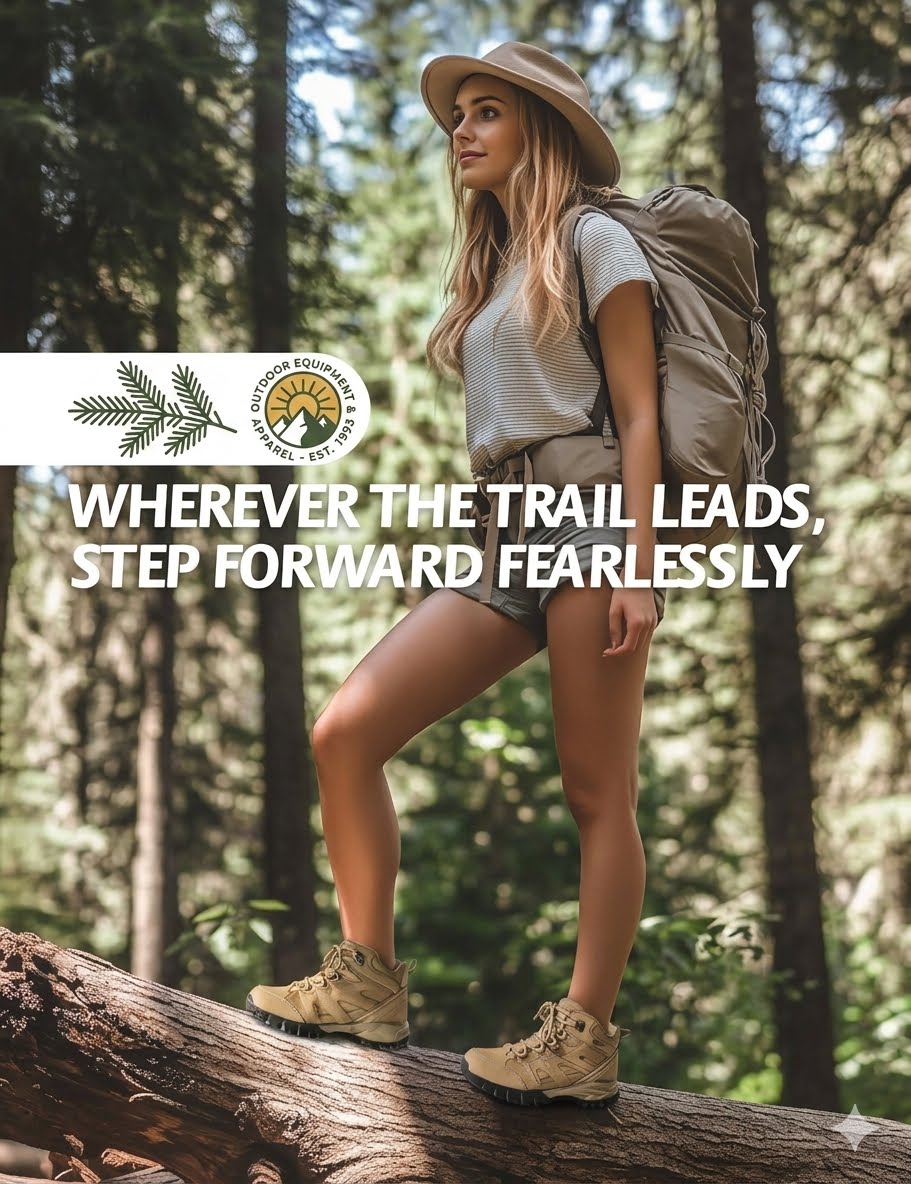 A woman hiking through a forest wearing a beige wide-brim hat, a light gray t-shirt, denim shorts, beige hiking boots, and carrying a large gray backpack. She is walking on a fallen log with a motivational quote overlay and a logo for 'Mountain Equipment Co.