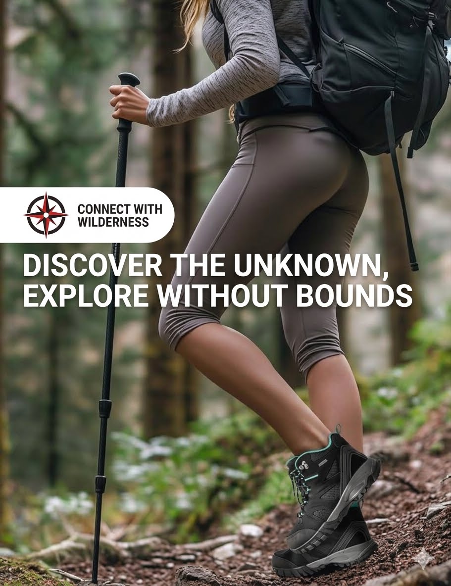 A woman hiking on a forest trail with a trekking pole, gray long-sleeve top, brown leggings, black hiking boots, and a black backpack. Large text overlay reads 'DISCOVER THE UNKNOWN, EXPLORE WITHOUT BOUNDS' with a 'CONNECT WITH WILDERNESS' logo.