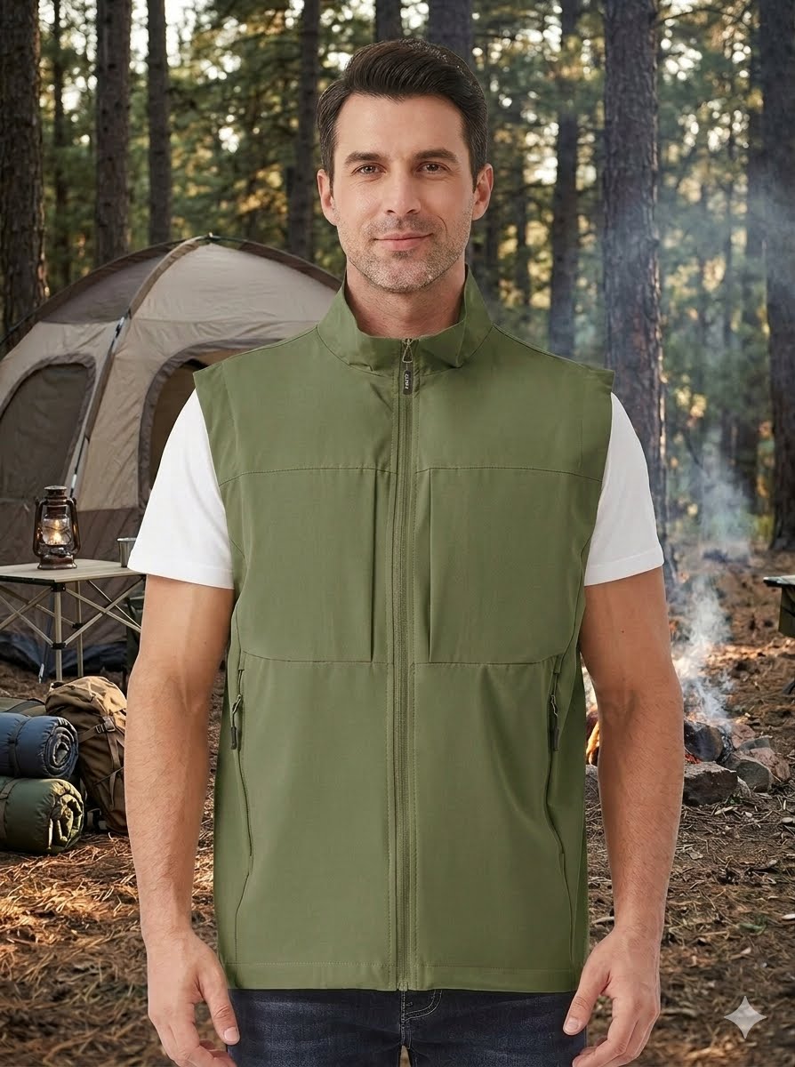 A man wearing an olive green zip-up camping vest over a white t-shirt, standing in a forest campsite setting with a tent and fire pit in the background. big green bear biggreenbear.com