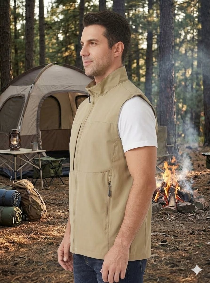 A man wearing a tan zip-front camping vest over a white t-shirt stands in a forest campsite setting with a tent and campfire in the background.
