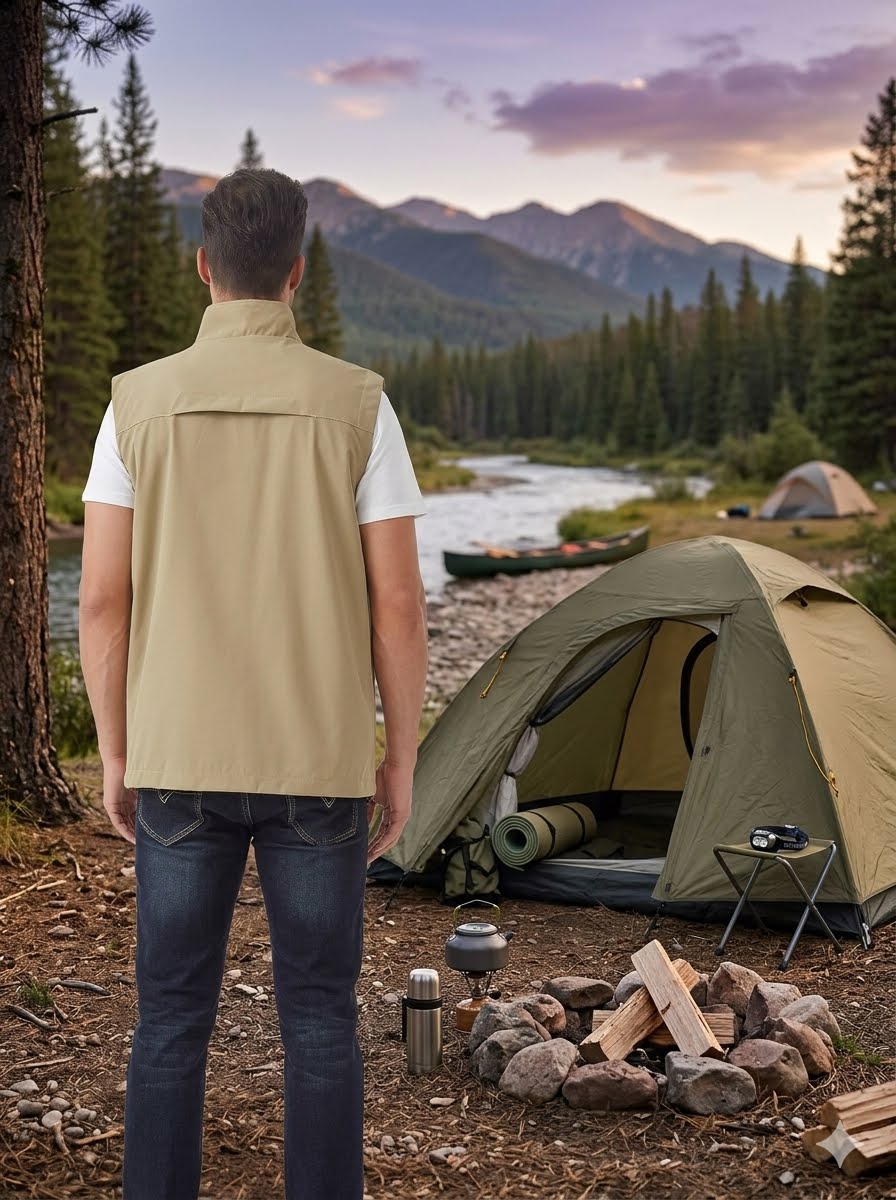 A man viewed from behind stands at a mountain camping site next to an olive green tent, wearing a beige sleeveless zip-front vest over a white t-shirt and dark jeans.