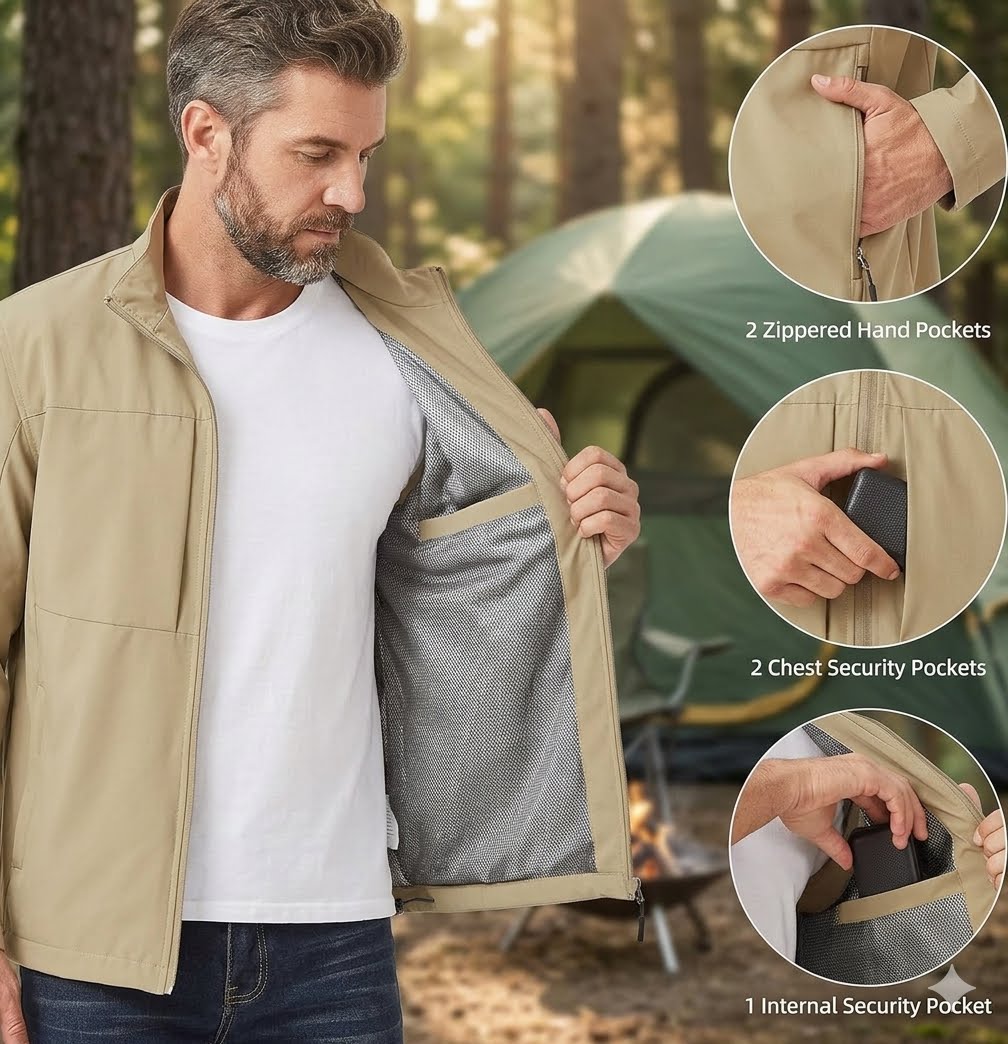 A man wearing a beige outdoor jacket stands in a campsite setting with a tent in the background, opening the jacket to show a gray interior lining. Three circular inset callouts highlight interior pockets: 2 zippered hand pockets, 2 chest security pockets, and 1 internal security pocket.