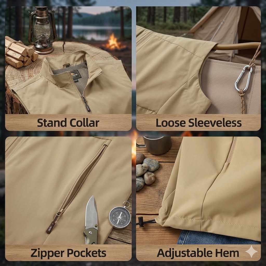 Four-panel product feature collage for a tan sleeveless zip jacket. The panels show the stand collar, loose sleeveless fit, zipper pockets, and adjustable hem, each with outdoor camping props like a lantern, fire, tent, compass, and stones.