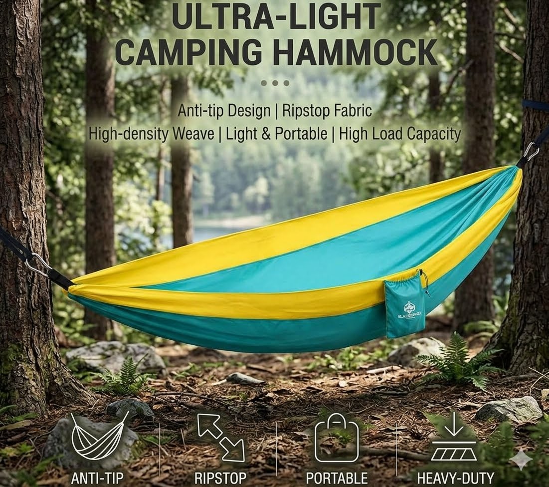 A two-tone camping hammock in yellow and teal-green is suspended between two trees in a forest setting. The image includes promotional text at the top and feature icons at the bottom.