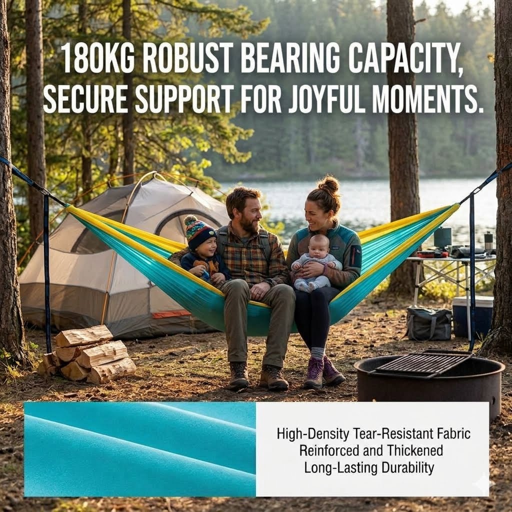 A family relaxes in a teal and yellow camping hammock suspended between trees at a lakeside campsite, with a tent, fire pit, and stacked logs visible. Large text at the top reads '180KG ROBUST BEARING CAPACITY, SECURE SUPPORT FOR JOYFUL MOMENTS.