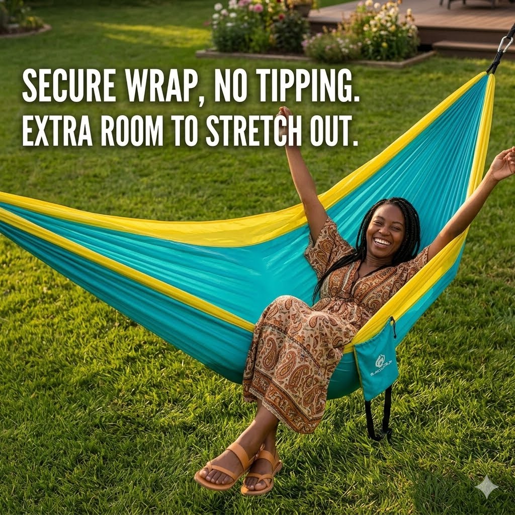A woman relaxes in a bright teal and yellow outdoor hammock on a green lawn, with text reading 'SECURE WRAP, NO TIPPING. EXTRA ROOM TO STRETCH OUT.