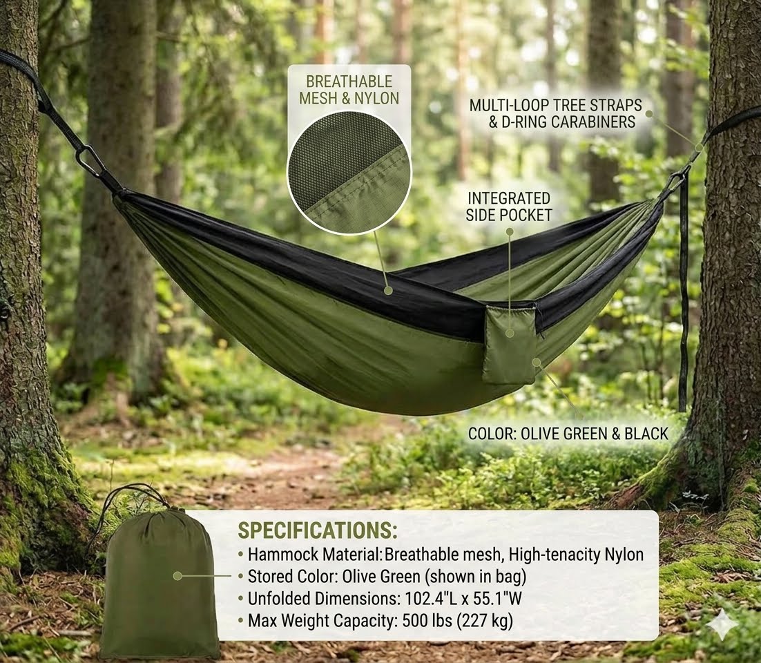 An olive green and black hammock suspended between two trees in a forest, with callout labels pointing to breathable mesh and nylon, multi-loop tree straps and D-ring carabiners, and an integrated side pocket. A drawstring bag is shown at the lower left, and a specifications box appears at the bottom.