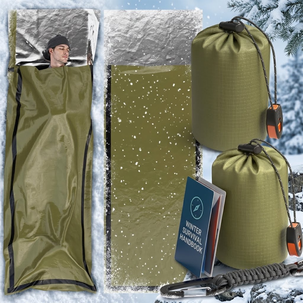 An olive green winter camping sleeping bag set displayed in a snowy outdoor scene, including the sleeping bag with a visible headspace, a matching insulated mat, two olive green stuff sacks with black drawstrings and orange-and-black clips, a blue winter survival handbook, and a carabiner.