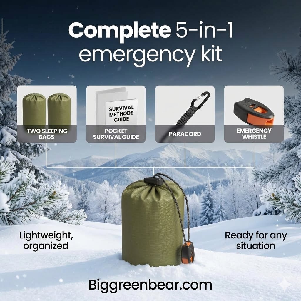 An emergency survival kit bundle displayed in a snowy winter landscape. The kit includes two olive green sleeping bags, a pocket survival guide, a paracord cord, and an emergency whistle, all shown together with the text 'Complete 5-in-1 emergency kit' and 'Biggreenbear.