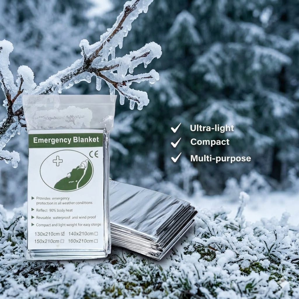 A packaged emergency blanket set displayed outdoors in a snowy forest setting, with a clear pouch labeled 'Emergency Blanket' and a stack of folded silver blankets beside it. White text on the right lists benefits: 'Ultra-light', 'Compact', and 'Multi-purpose'.