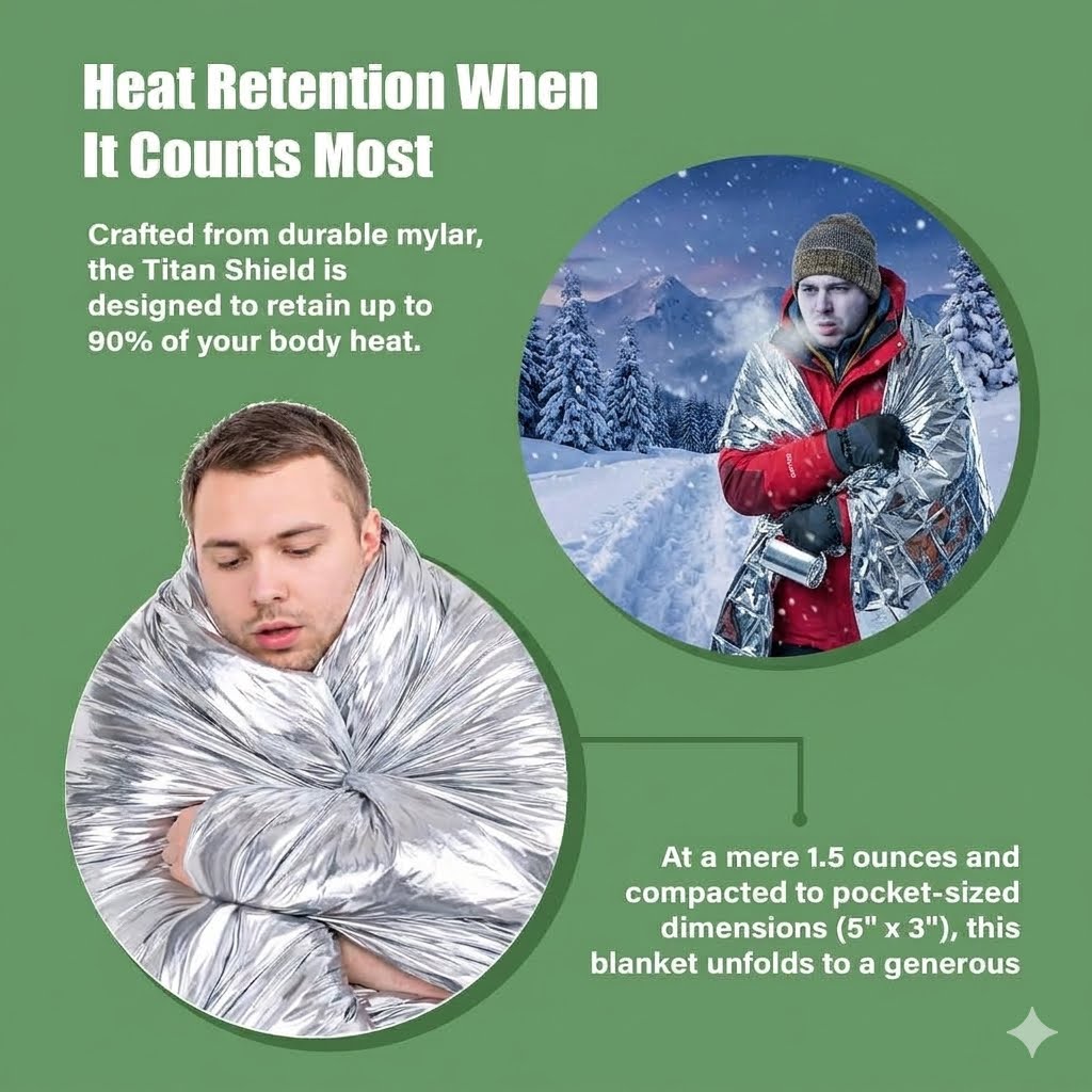 Promotional graphic for a silver mylar winter blanket, showing a man wrapped in the reflective blanket on the left and another man outdoors in a snowy landscape wearing the unfolded blanket on the right. The background is green with text explaining heat retention and dimensions.