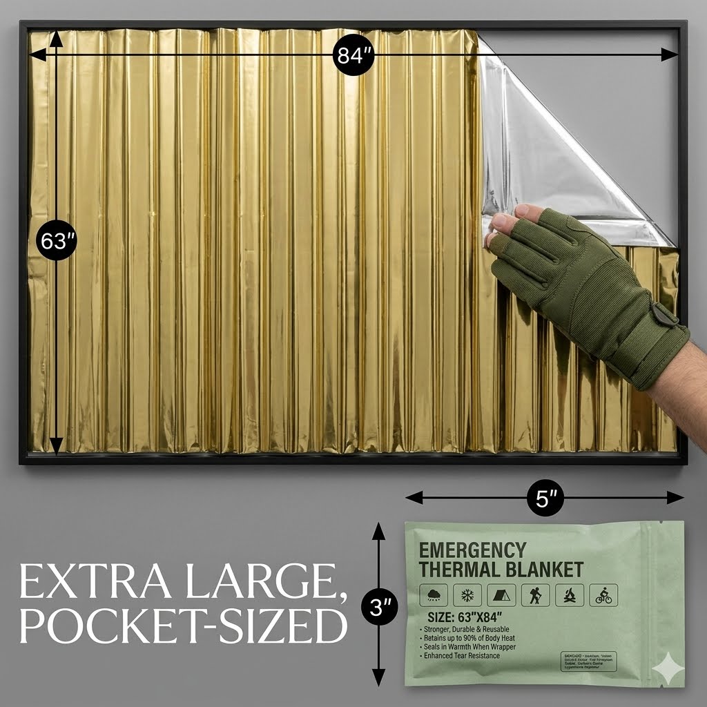 Gold reflective emergency thermal blanket shown in a framed square with a hand wearing an olive green glove peeling back one corner. Black dimension lines label the blanket as 84 by 63 inches, and a smaller inset shows the folded pocket-size package labeled emergency thermal blanket, 5 by 3 inches.
