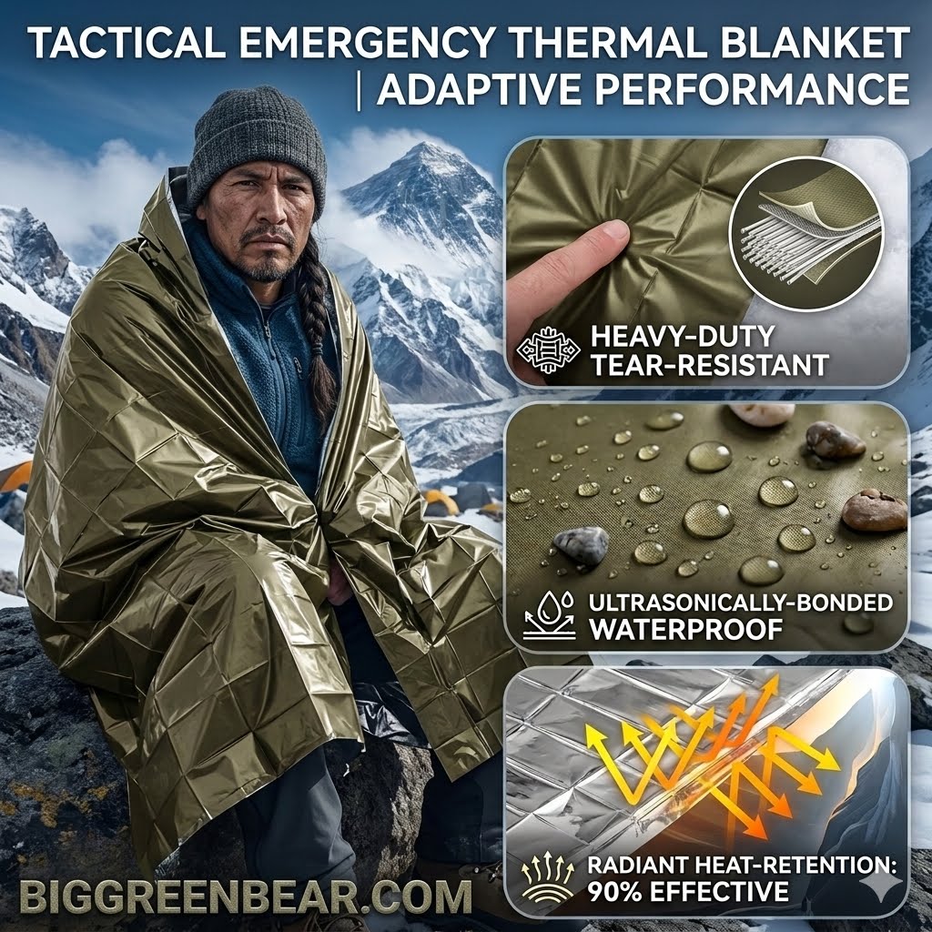 A man wearing a shiny olive-green emergency thermal blanket in a snowy mountain setting, with feature callout panels on the right highlighting tear resistance, waterproofing, and heat retention.