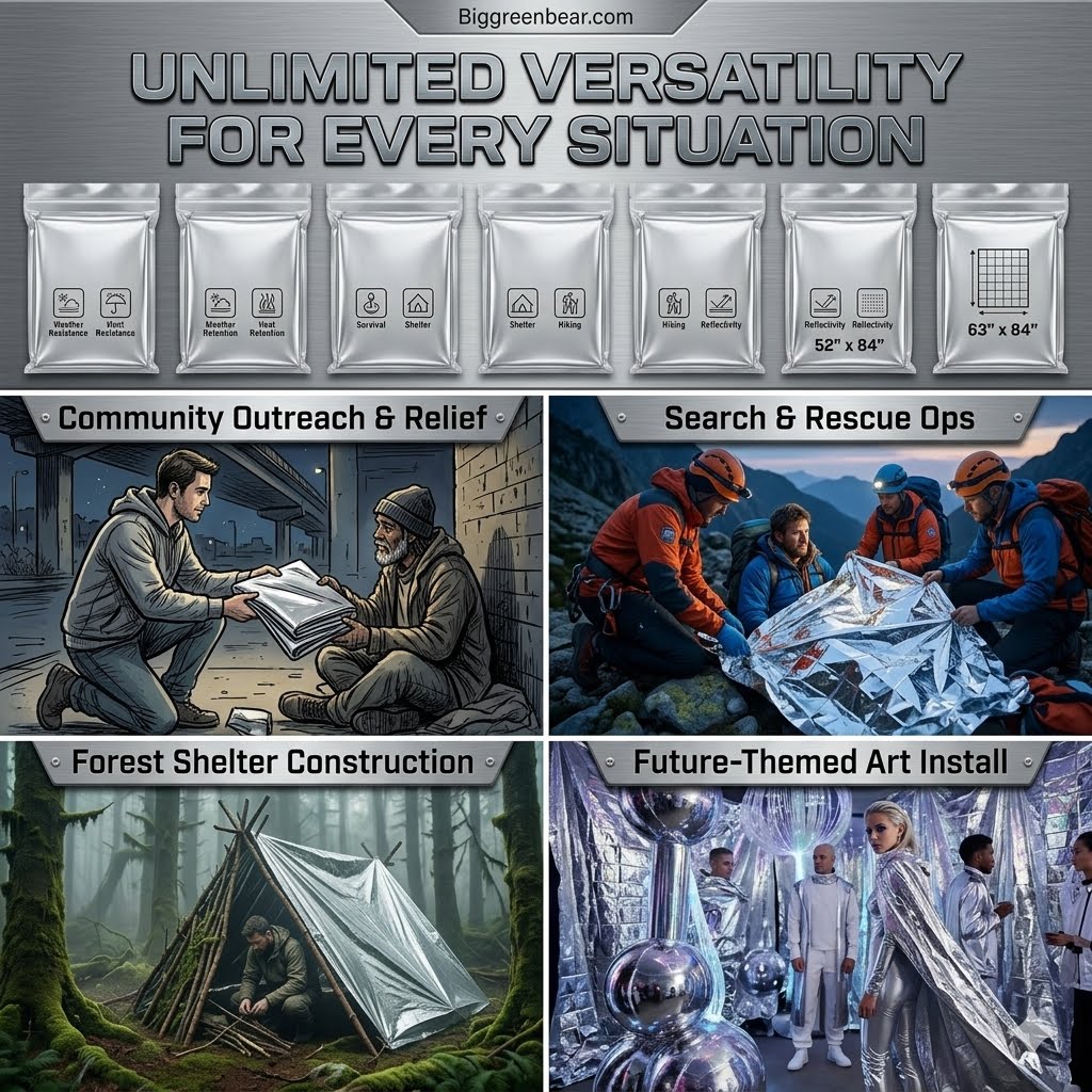 Promotional graphic for Biggreenbear.com showing multiple silver reflective foil blankets or mats in different sizes, plus four usage/scenery examples: community outreach and relief, search and rescue operations, forest shelter construction, and a futuristic themed art install.
