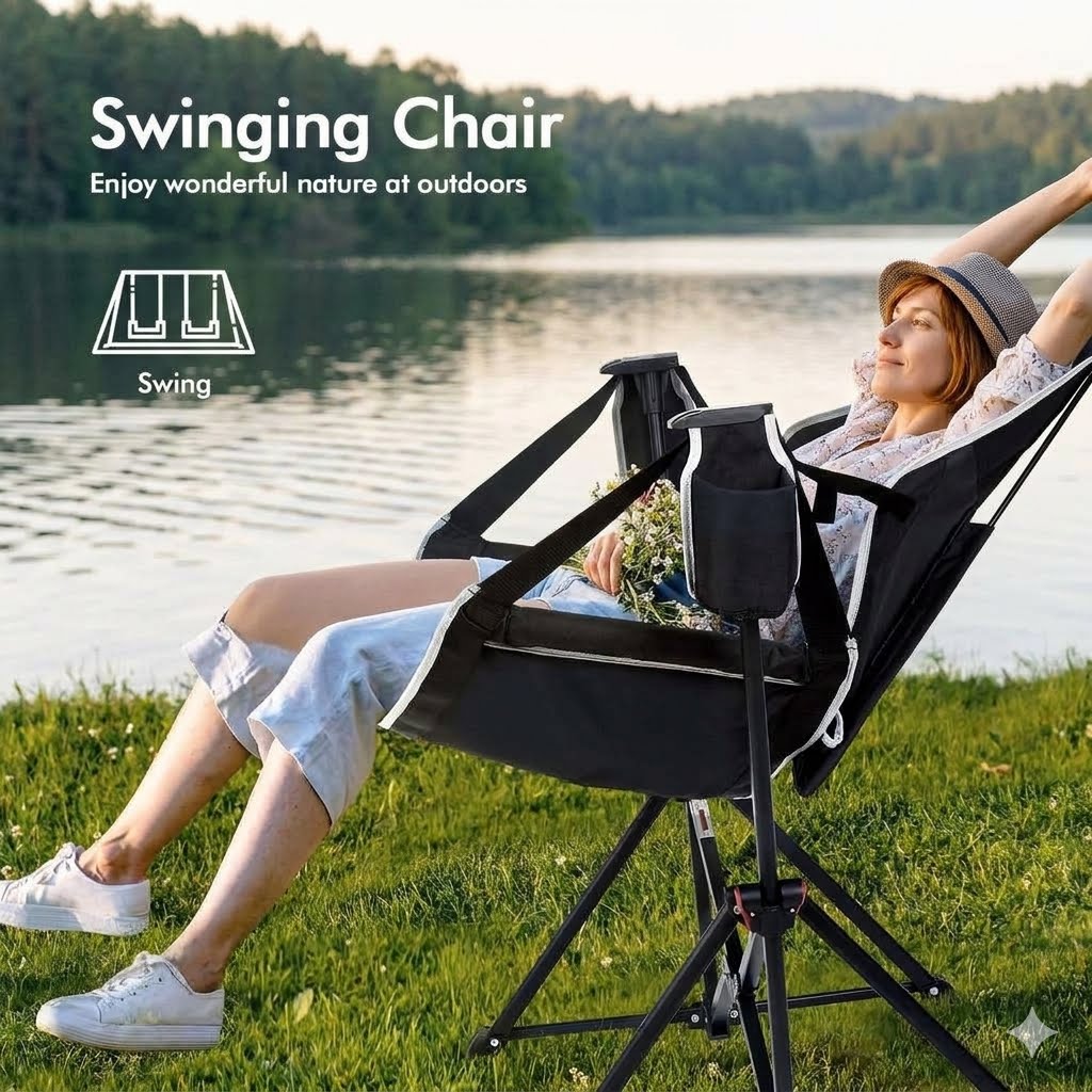 A woman relaxes in a black outdoor swing chair by a lake, with trees in the background. The chair has a side cup holder and adjustable legs.