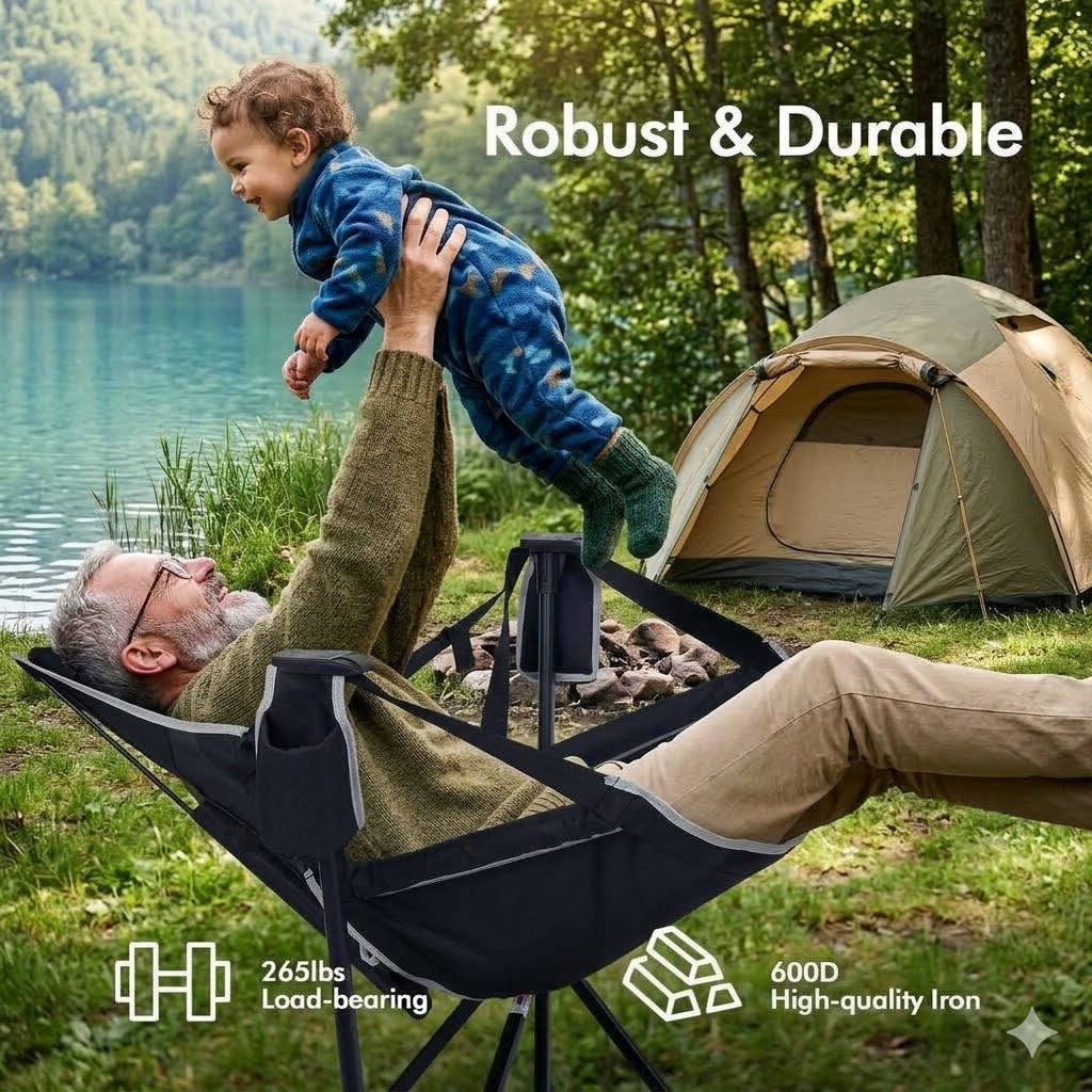 A man reclines in a black camping hammock chair outdoors by a lake, lifting a young child over his shoulder. A green and beige camping tent sits nearby, with text overlays reading 'Robust & Durable' and feature callouts about load-bearing and iron quality.