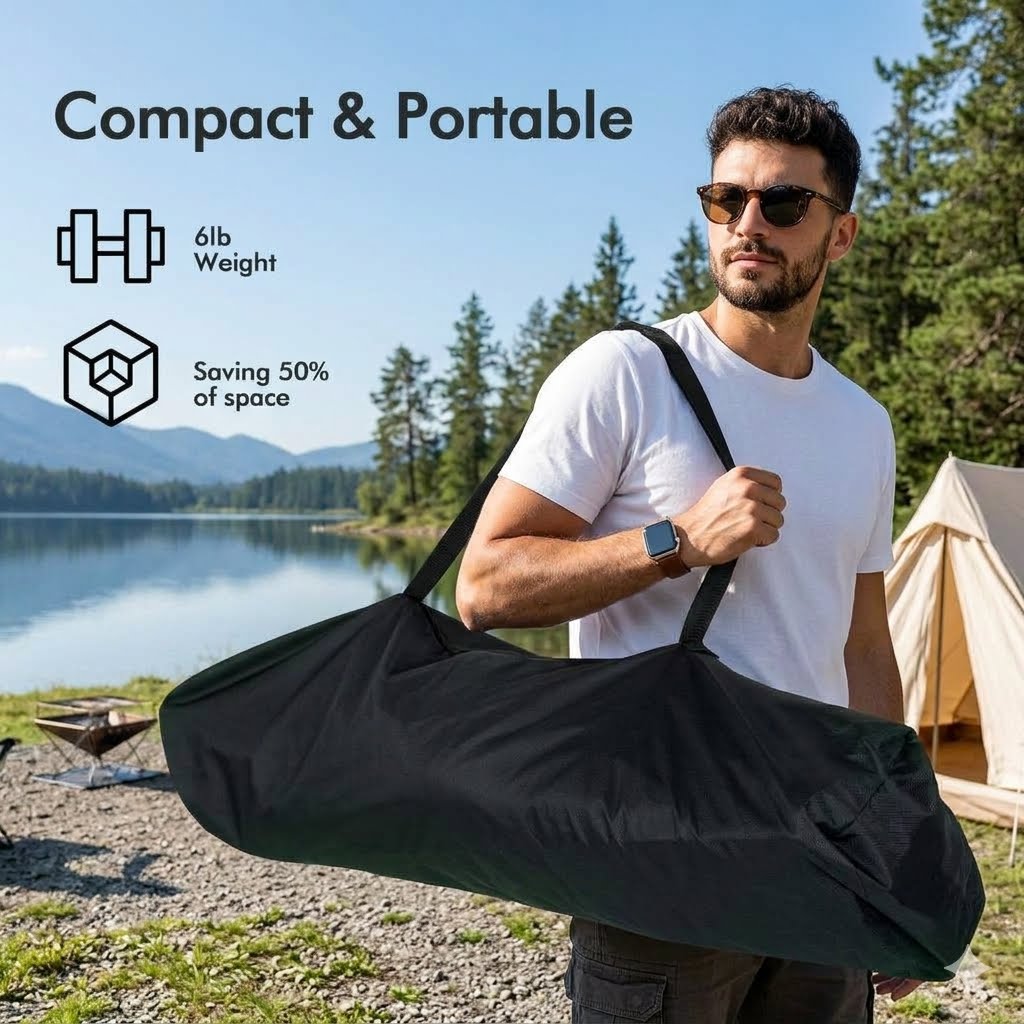 A man outdoors by a lake and tent carries a large black duffel bag over his shoulder. Text on the image reads 'Compact & Portable' with icons for 6lb weight and saving 50% of space.