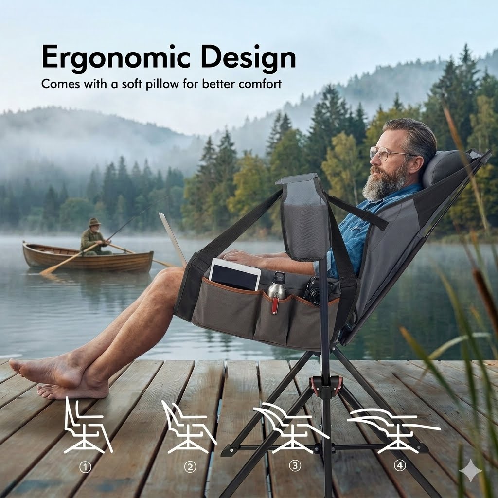 A man reclines in a folding camping chair on a wooden dock by a lake, with a scenic forest and boat in the background. The chair has an ergonomic design with a soft pillow, side pockets, and leg rest, and the text 'Ergonomic Design' appears at the top with usage position diagrams at the bottom.