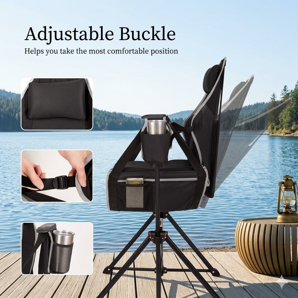 A black and gray adjustable camping chair with a tripod base is shown by a lake, with text reading 'Adjustable Buckle' and three inset detail images showing the padded backrest, buckle adjustment, and cup holder.
