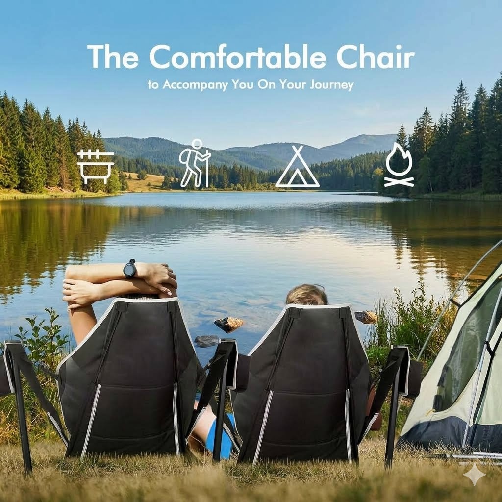 Two black camping chairs by a lake with a tent nearby, under the text 'The Comfortable Chair to Accompany You On Your Journey,' with outdoor icons above.