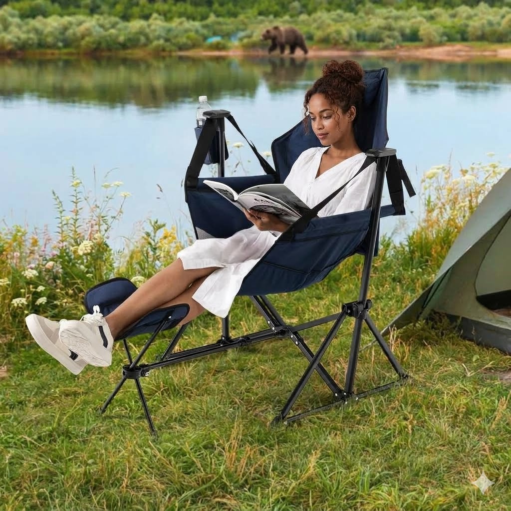 A woman relaxes in a navy blue folding camp chair by a lake, reading a book. A green tent is visible on the grass beside her, with trees and water in the background.