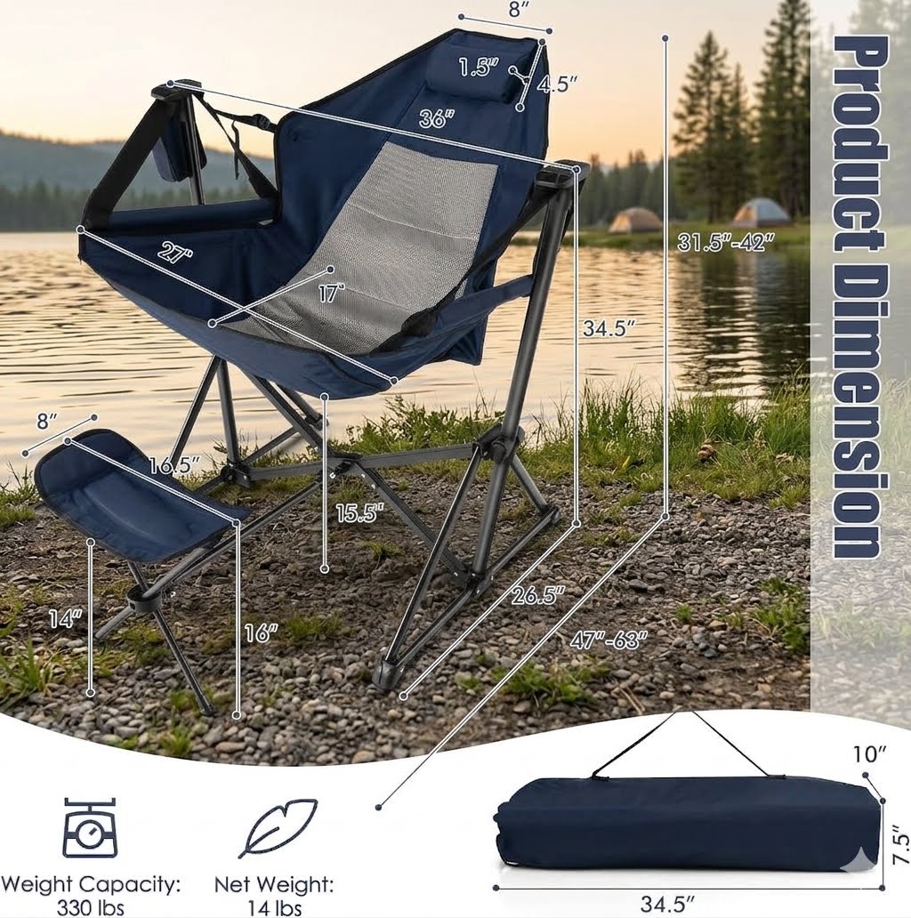 Navy blue folding camp chair with dimension callouts, shown outdoors beside a lake with trees in the background, plus a small matching footrest and a rolled storage bag. The image includes product dimension measurements and weight/weight capacity text.