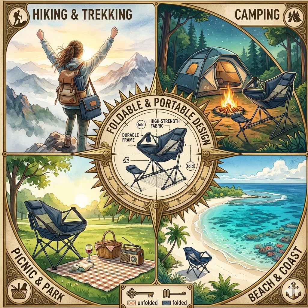 A vintage-style illustrated collage showing a foldable camping chair in multiple outdoor use cases: hiking and trekking, camping by a campfire, picnic and park, and beach and coast. The center features a compass-like emblem with the text 'TODDLABLE & PORTABLE DESIGN' and labels indicating unfolded and folded states.