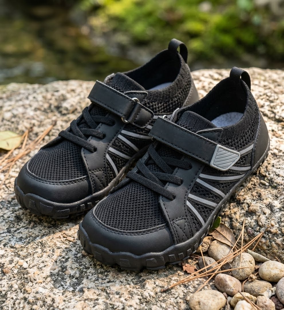 A pair of black mesh water shoes with hook-and-loop straps and gray accents, resting on a stone surface outdoors with pebbles and blurred greenery in the background. big green bear biggreenbear.com