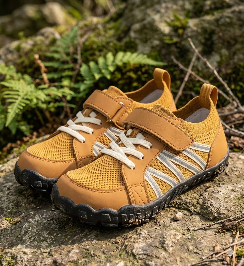 A pair of toddler water shoes in a mustard yellow color, featuring a mesh upper, adjustable hook-and-loop straps, white laces, and white side stripes, shown outdoors on a mossy rock with green ferns in the background. big green bear biggreenbear.com