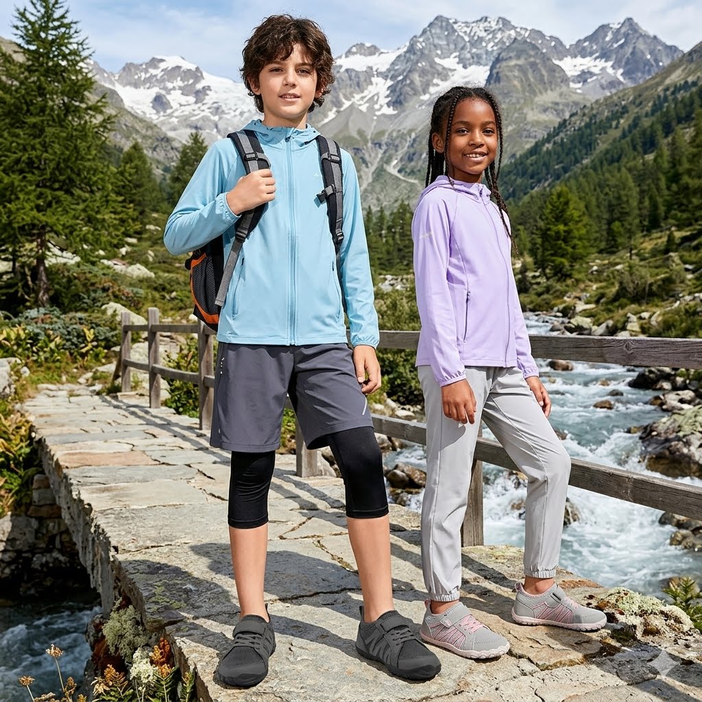 Two children standing on a stone bridge in a mountain landscape with a rushing river and snow-capped peaks in the background. The child on the left wears a light blue zip-up jacket, dark gray shorts, black knee sleeves, and dark gray shoes, while the child on the right wears a light purple zip-up jacket, light gray pants, and light gray shoes.