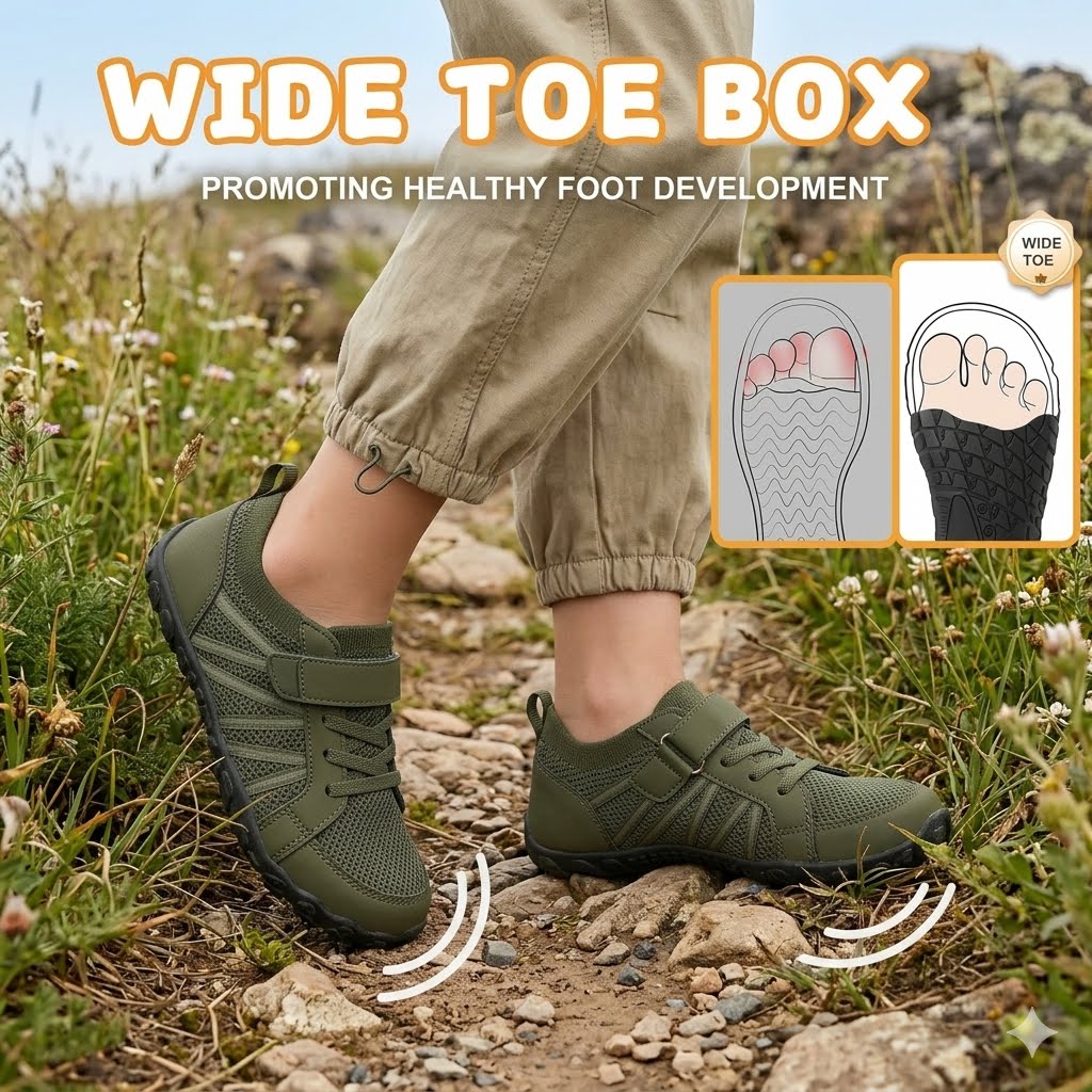 A person outdoors wearing olive green wide-toe box shoes, with text reading 'WIDE TOE BOX' and inset diagrams showing the footbed and toe box design. The background is a grassy rocky path.