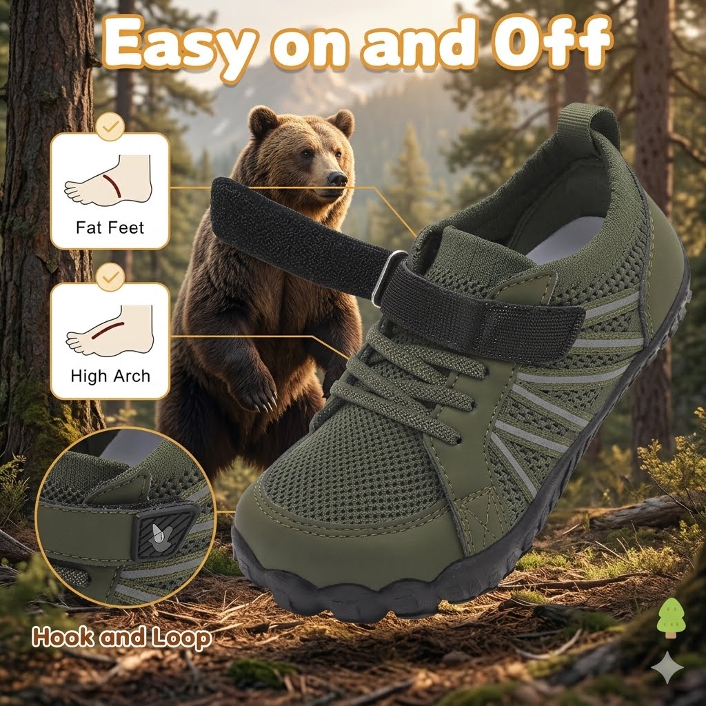 An olive green hook-and-loop shoe shown over a forest background with a bear, plus callout graphics explaining easy on/off fit for fat feet and high arch feet.