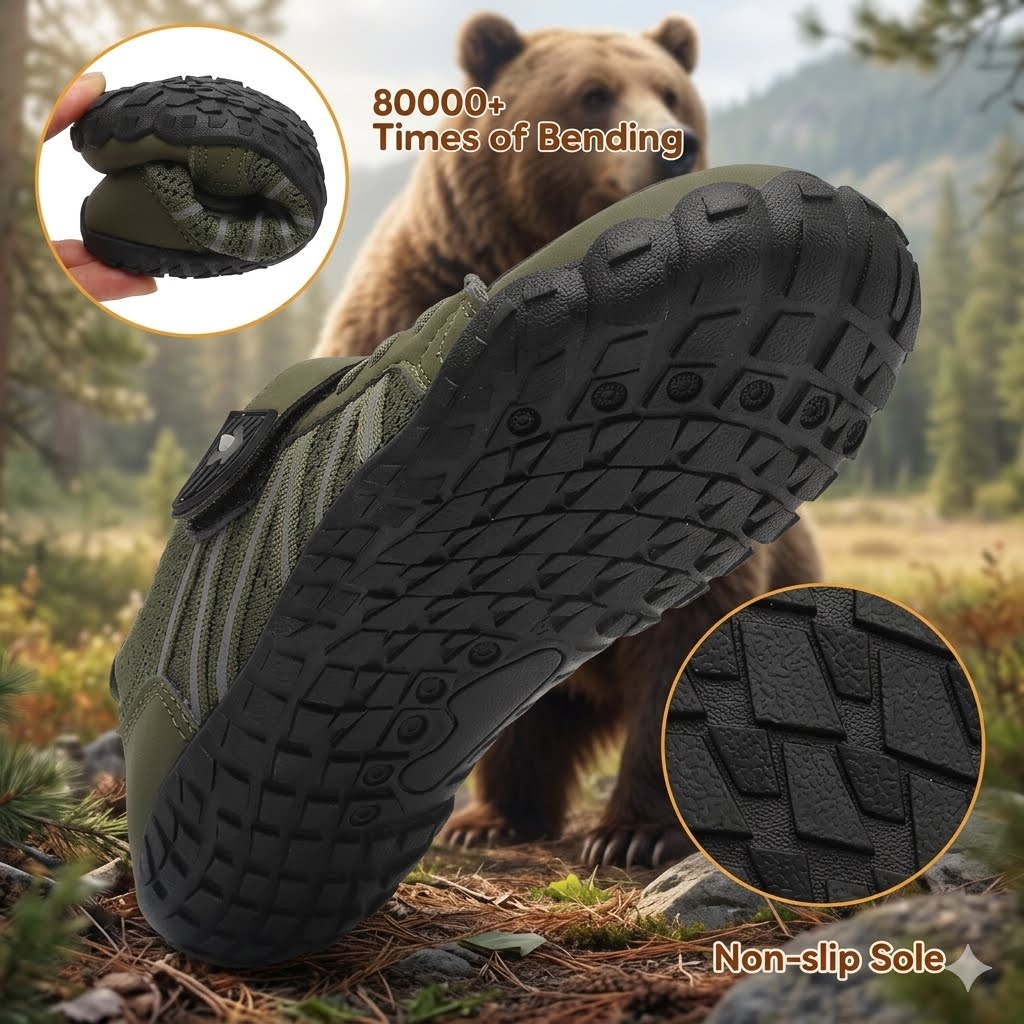 An olive green and black outdoor slip-on shoe with a rugged sole, shown in front of a blurred bear in a forest. The image includes circular insets highlighting the flexible sole, the tread pattern, and text reading '80000+ Times of Bending' and 'Non-slip Sole'.