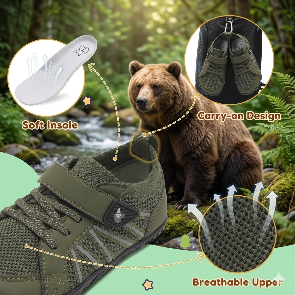 An olive green hiking shoe is shown with feature callouts and inset circles: a soft insole, carry-on design with a pair of shoes hanging in a backpack, and a breathable upper. A brown bear and a forest stream are in the background.