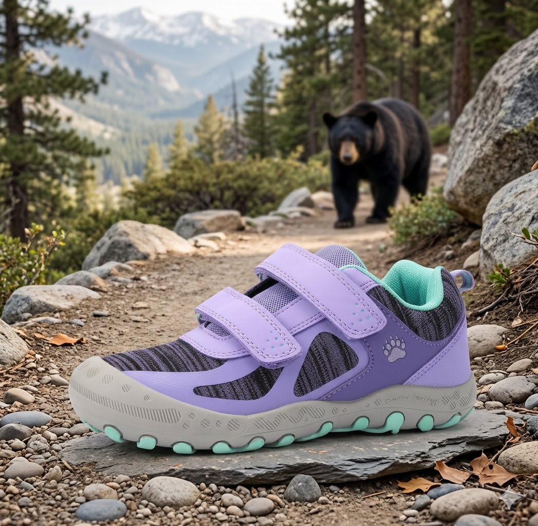 A child's outdoor shoe in lavender purple and gray with mint green accents, placed on a rocky trail with a bear walking in the blurred background of a mountain forest.