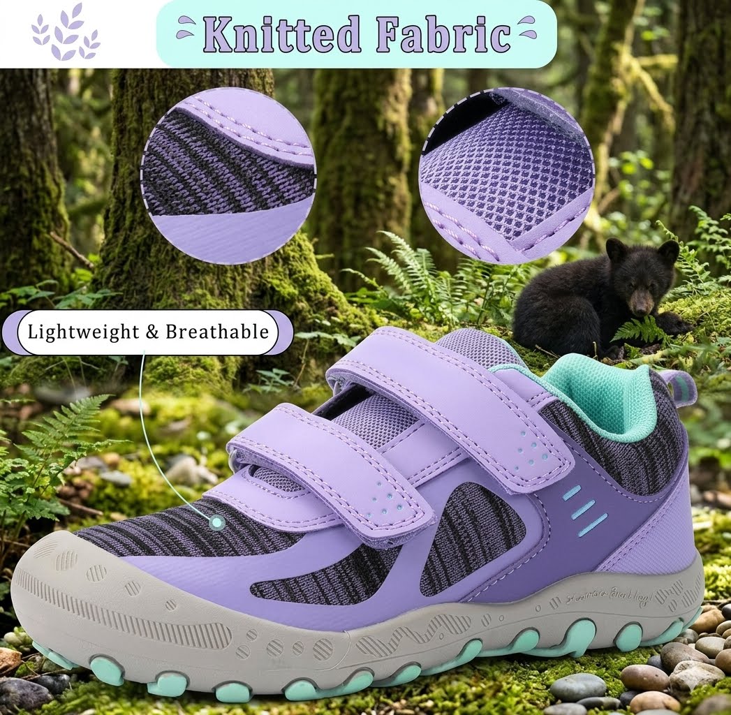 A children's knit outdoor shoe in lavender purple and gray, shown in a forest setting with a bear in the background. The image includes callout graphics highlighting knitted fabric details and text reading 'Knitted Fabric' and 'Lightweight & Breathable'.