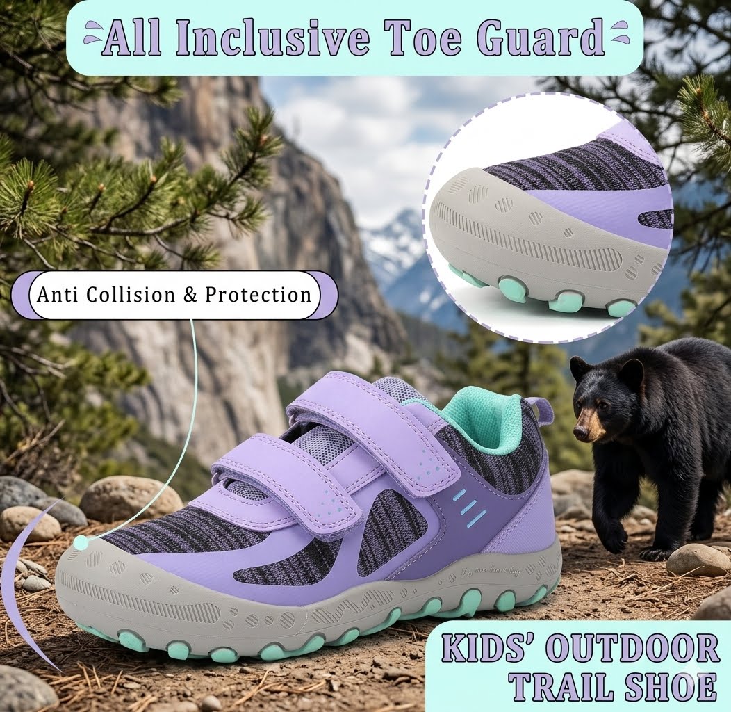 A kids' trail shoe in lavender purple and dark gray with mint green accents, shown outdoors in front of a mountain backdrop with a bear in the background. Text overlays highlight features like 'All Inclusive Toe Guard', 'Anti Collision & Protection', and 'Kids' Outdoor Trail Shoe'.