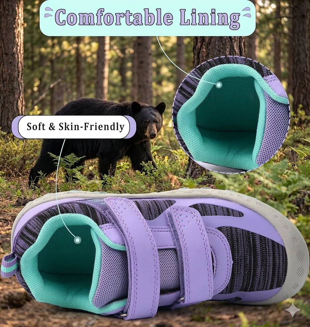 A purple and teal toddler sneaker shown with feature callouts reading 'Comfortable Lining' and 'Soft & Skin-Friendly,' plus an inset close-up of the lining. A forest scene with a bear appears in the background as contextual imagery.