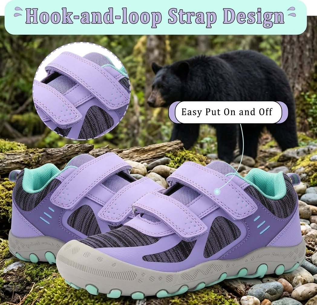 Purple and black hook-and-loop strap hiking shoes with mint green accents, shown in a forest setting with a bear in the background and callout graphics explaining the strap design.