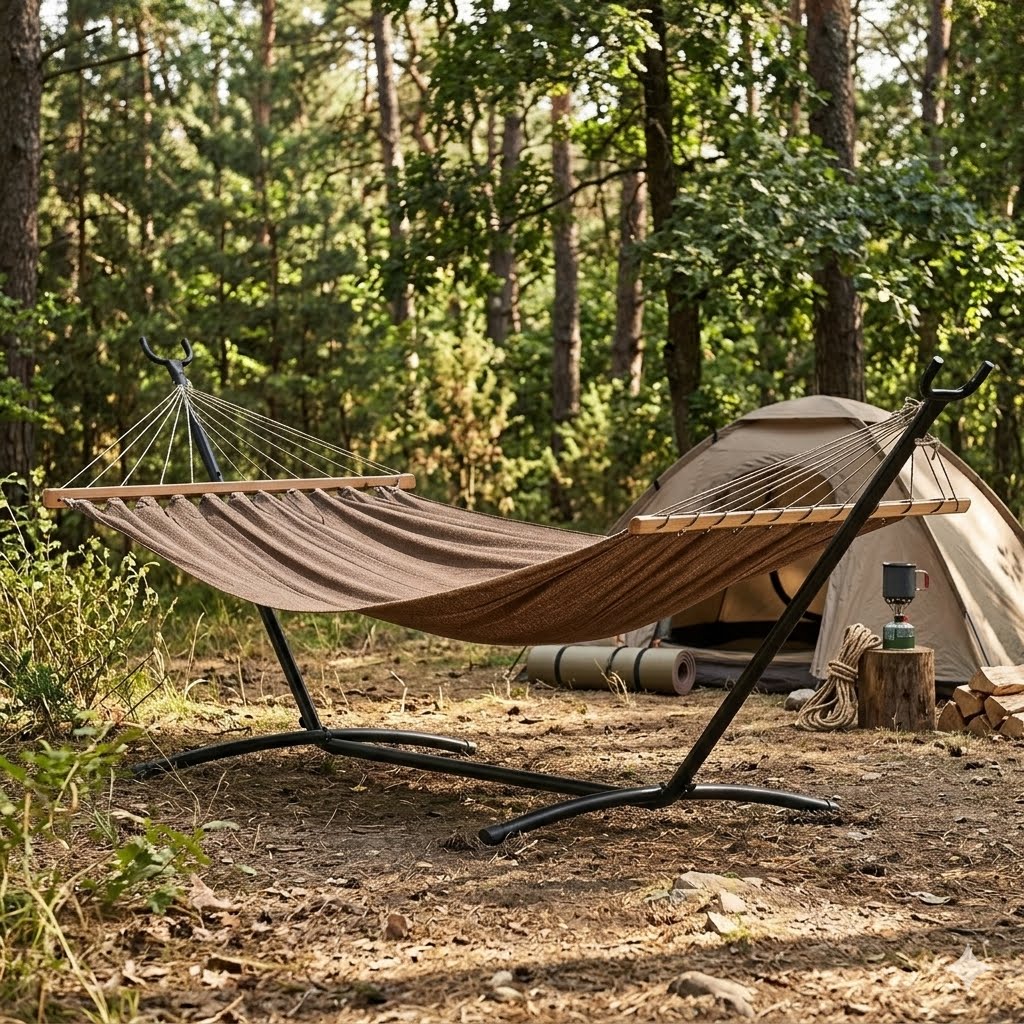 A brown fabric hammock suspended on a black metal stand in a wooded outdoor setting, with a tent, logs, and natural forest background visible.