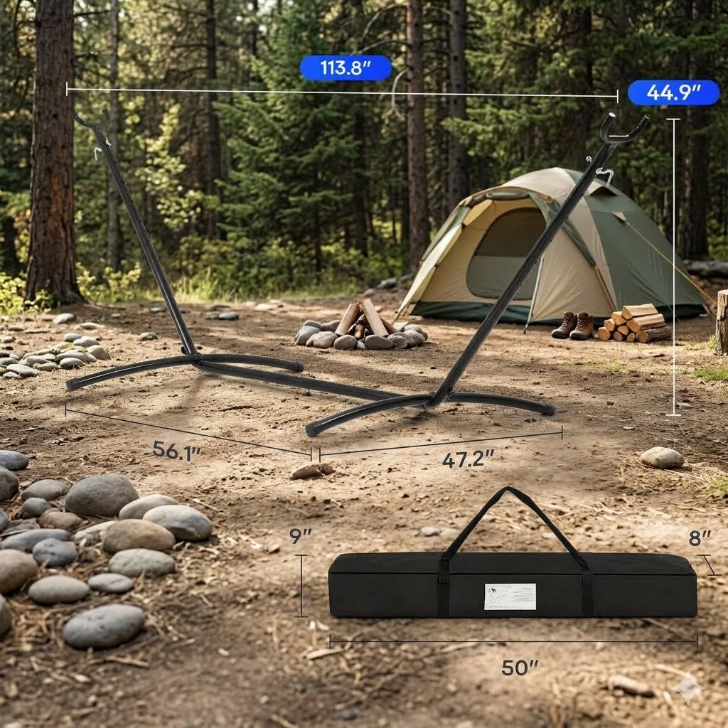 Black metal campfire swing set with dimension callouts showing 113.8 inches width, 44.