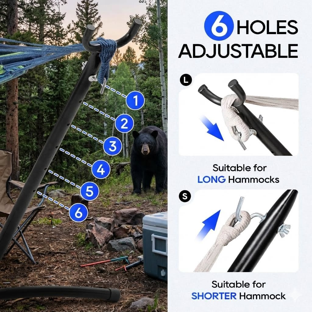 Adjustable camping hammock stand shown in a forest setting with numbered callouts indicating six adjustable hanging holes. The right side includes inset diagrams showing how the holes accommodate long and shorter hammocks, with text reading '6 HOLES ADJUSTABLE' and 'Suitable for LONG Hammocks' and 'Suitable for SHORTER Hammock.