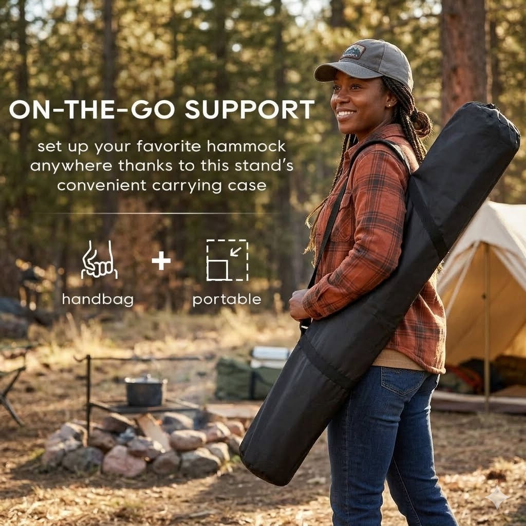 A woman in a forest campsite setting carries a black portable hammock stand in a rolled carrying case. Text on the left highlights 'ON-THE-GO SUPPORT' with icons for 'handbag' and 'portable'.
