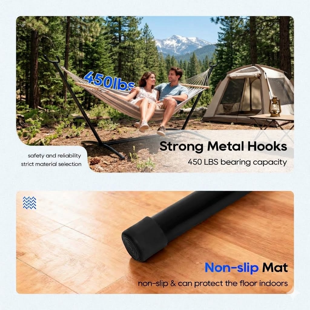 A two-panel promotional graphic for an outdoor hammock set. The top panel shows a couple relaxing in a beige hammock strung between metal stands in a forest with mountains in the background, with text reading '450lbs' and 'Strong Metal Hooks.