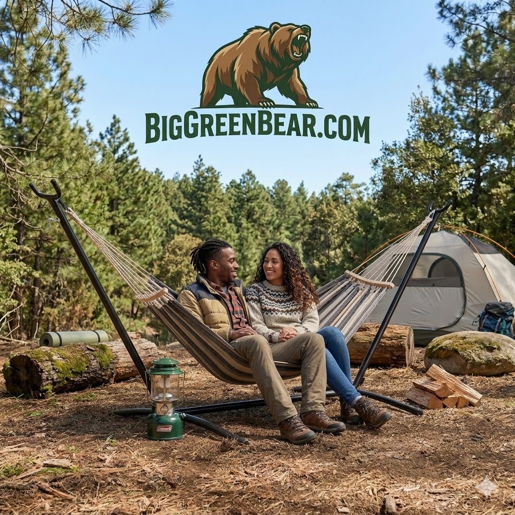 A man and woman relax in a striped canvas hammock at a forest campsite, with a green tent, logs, and a blue sky background. A large 'BIGGREENBEAR.