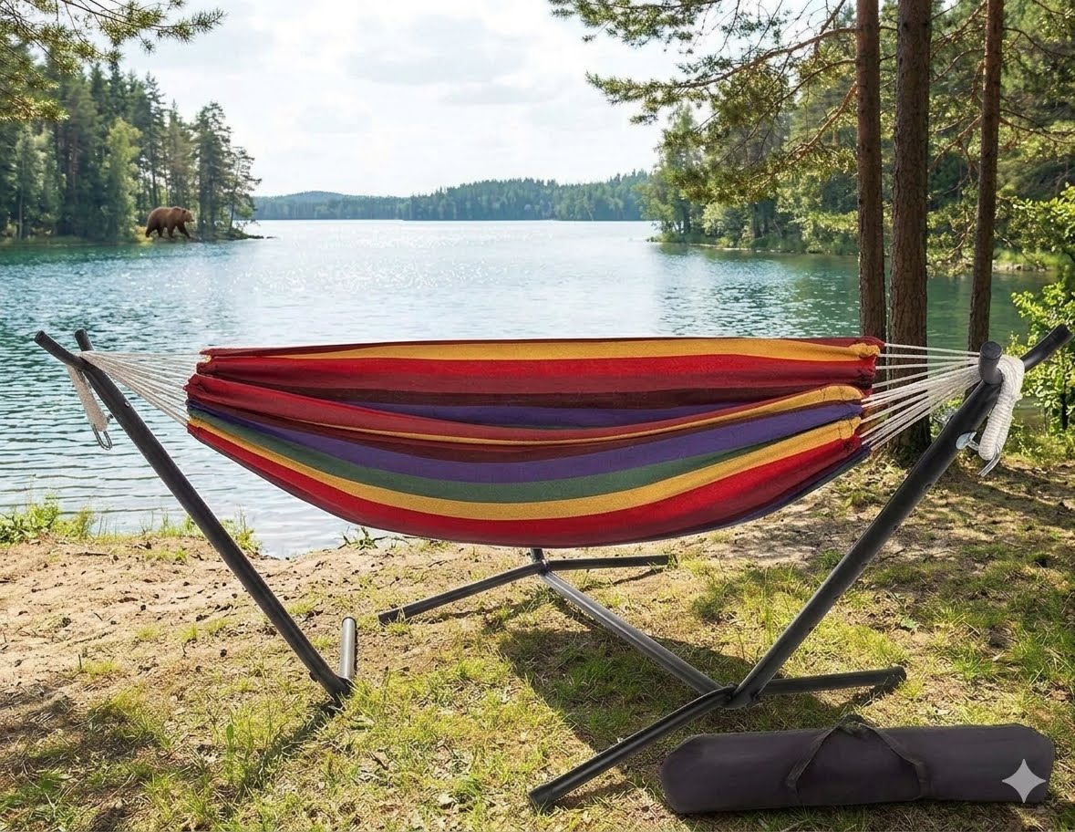 A colorful striped hammock on a black metal stand in an outdoor lakeside setting with trees, a bear in the distance, and a carrying bag on the ground. big green bear biggreenbear.com