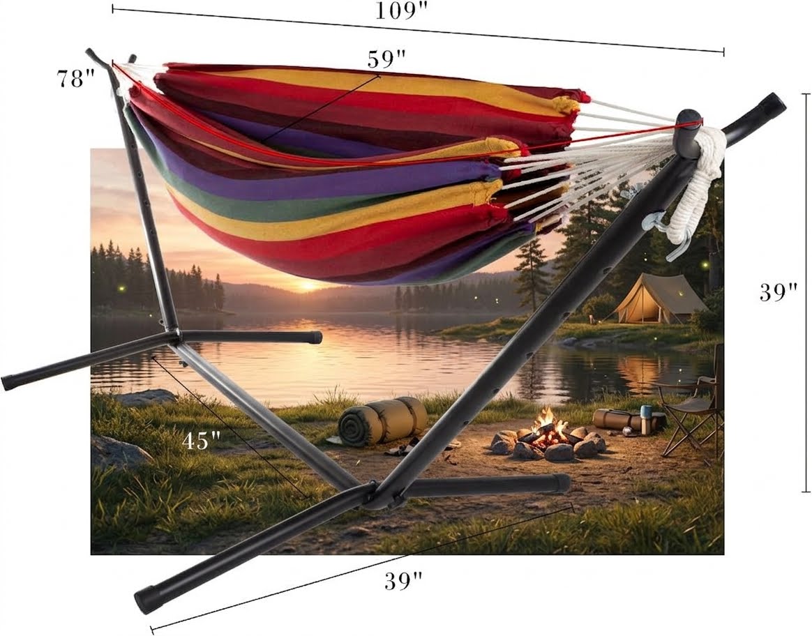 A striped fabric hammock suspended on a black metal stand, shown with overlaid dimension labels (109 inches, 59 inches, 78 inches, 45 inches, 39 inches) and a camping lake scene in the background.
