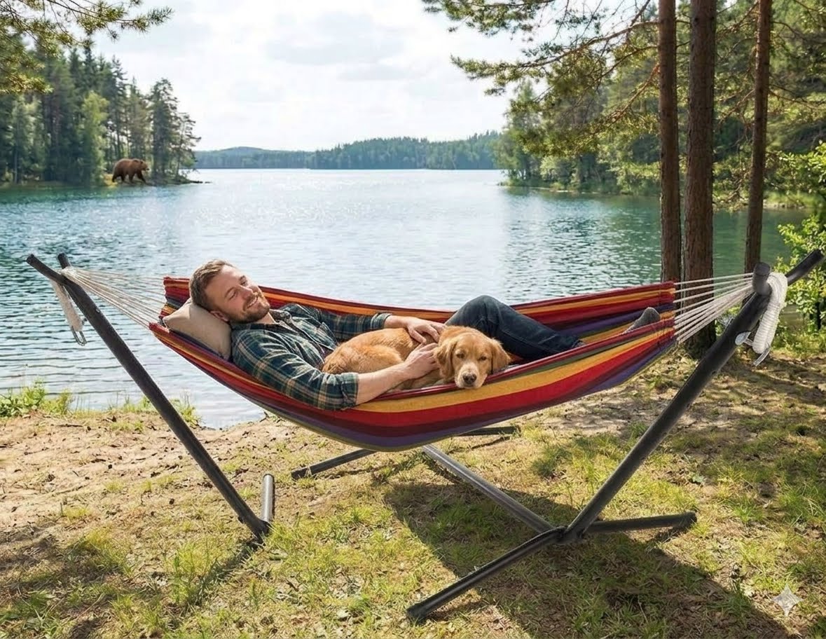 A man relaxes in a striped red, orange, yellow, and blue hammock with a golden retriever dog, set outdoors by a lake with trees in the background.