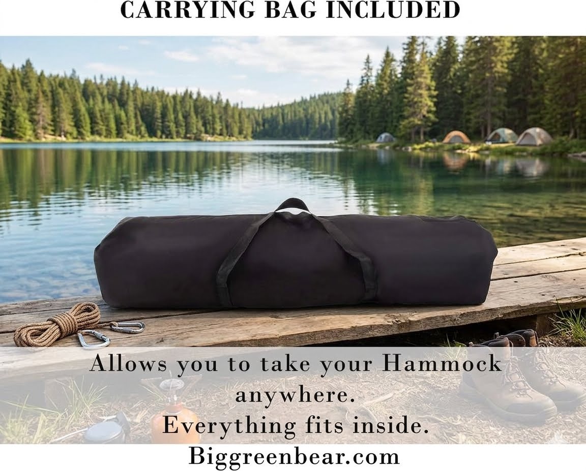 A black cylindrical carrying bag with a top handle sits on a wooden dock in front of a scenic lake and pine forest. Text at the top reads 'CARRYING BAG INCLUDED' and text at the bottom says it allows taking a hammock anywhere, with Biggreenbear.